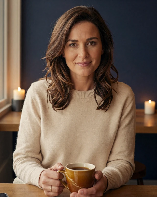 Elena, a smiling woman in cream sweater in a candlelit coffee shop, representing Alonadate verified members