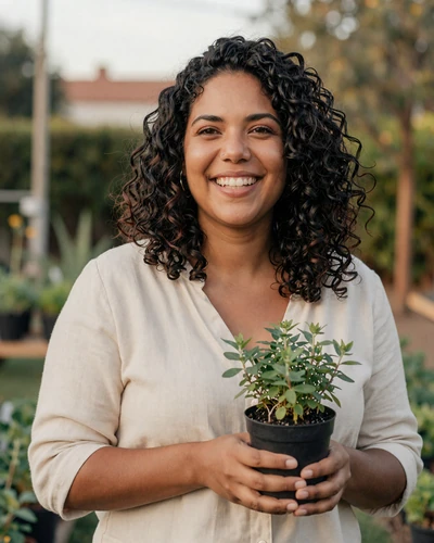 Camila laughing in a cream linen blouse in a sunlit community garden holding a herb pot