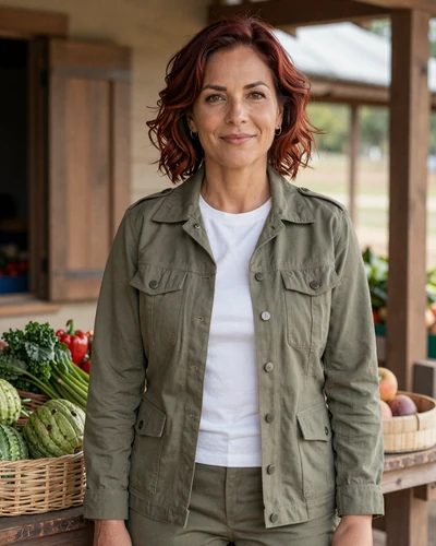 Sofia in an olive utility jacket smiling at a wooden farmers market porch with fresh produce
