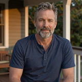 Robert, a smiling man with salt-and-pepper hair in navy henley on a cabin porch