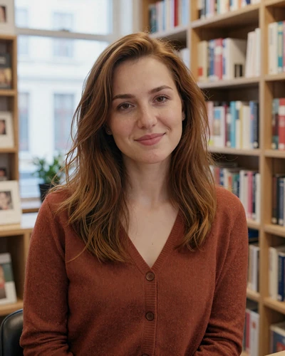Anastasiia smiling in a rust cardigan inside a sunlit bookshop with wooden shelves