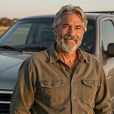 James, a smiling man with gray beard in olive flannel beside a pickup truck at golden hour